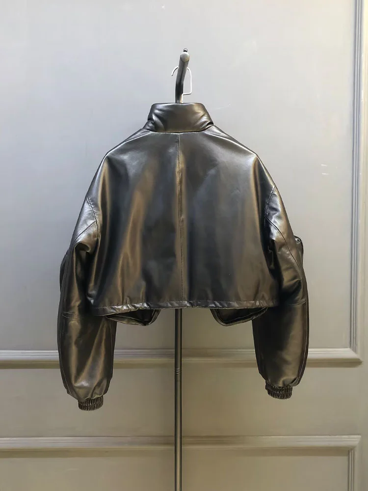 Fashion Designer Women Loose Fit Pockets Stand Collar Sheepskin Genuine Leather Jacket Winter Warm Down Jacket Punk Style Coat