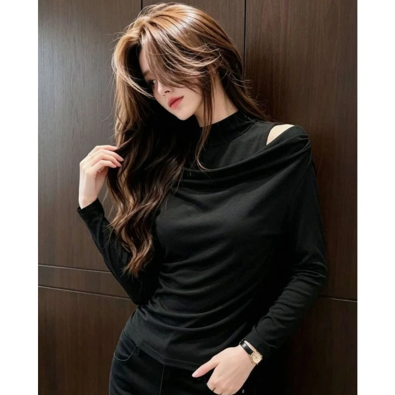 Women Clothing Sexy Off Shoulder Hollow Out Slim Long Sleeve T Shirts Spring Autumn Fake Two-piece Elegant Tops Fashion Korean