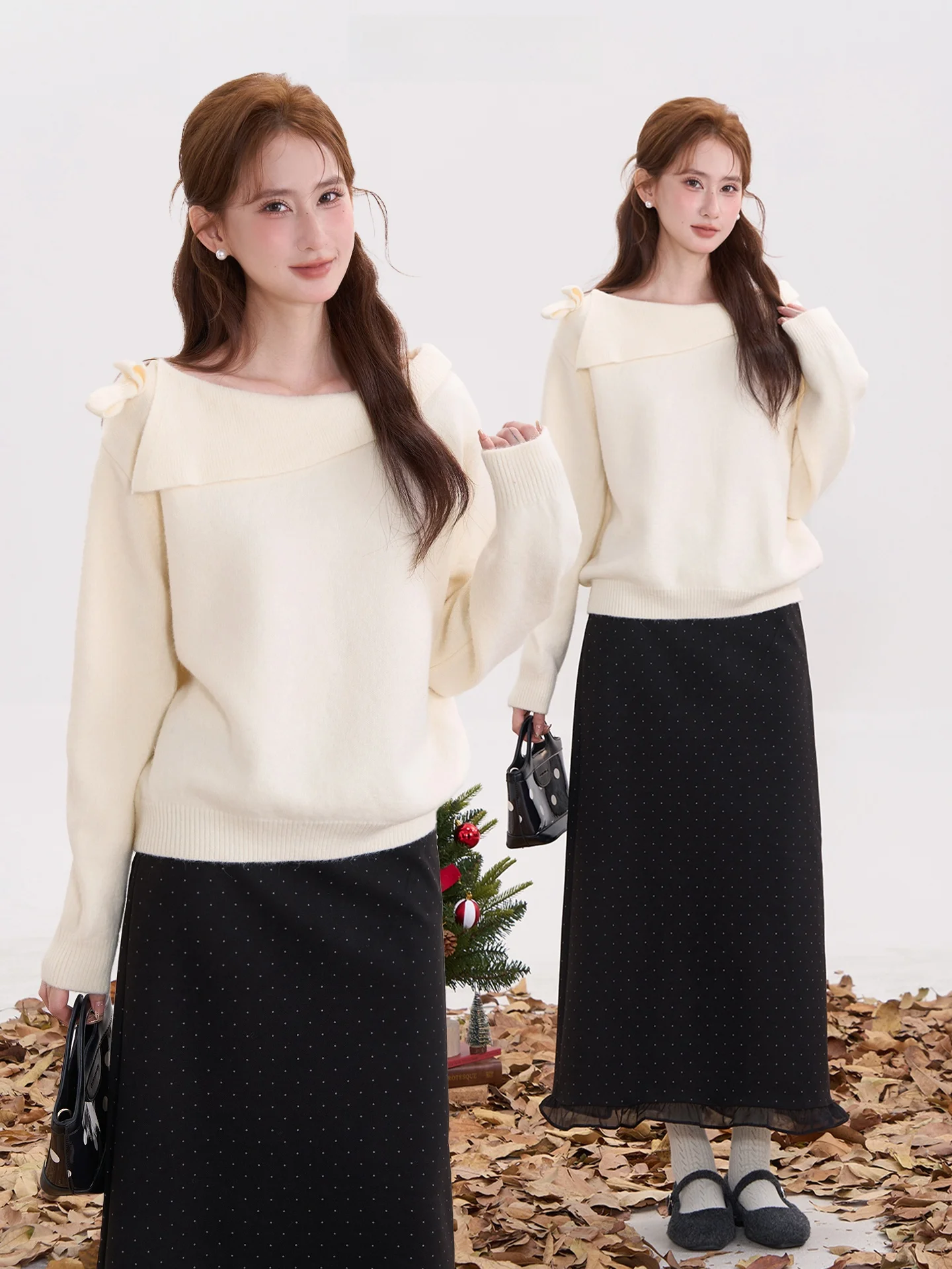 

Elegant Knitted Knot One Shoulder Sweater for Women Autumn Winter Loose Fit Long Sleeve Pure Color Warmth Fashion