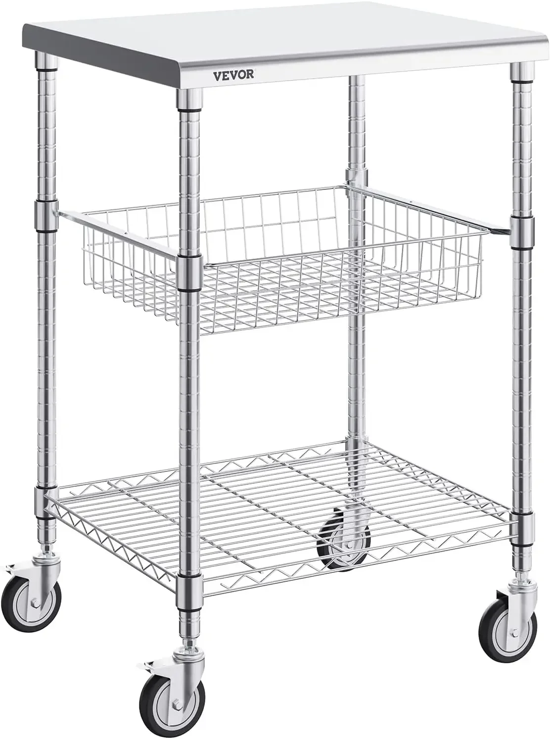 Kitchen Utility Cart,  3 Tiers Wire Rolling Cart, Capacity Steel Service Cart with Brake Wheels,