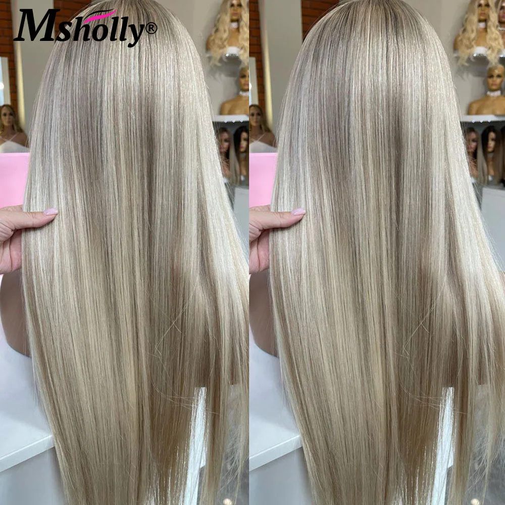 Msholly Highlight Ash Blonde 100% Human Hair Wig 210% Density Wig For Women Cream Blonde Straight Pre Cut Lace White People Wigs