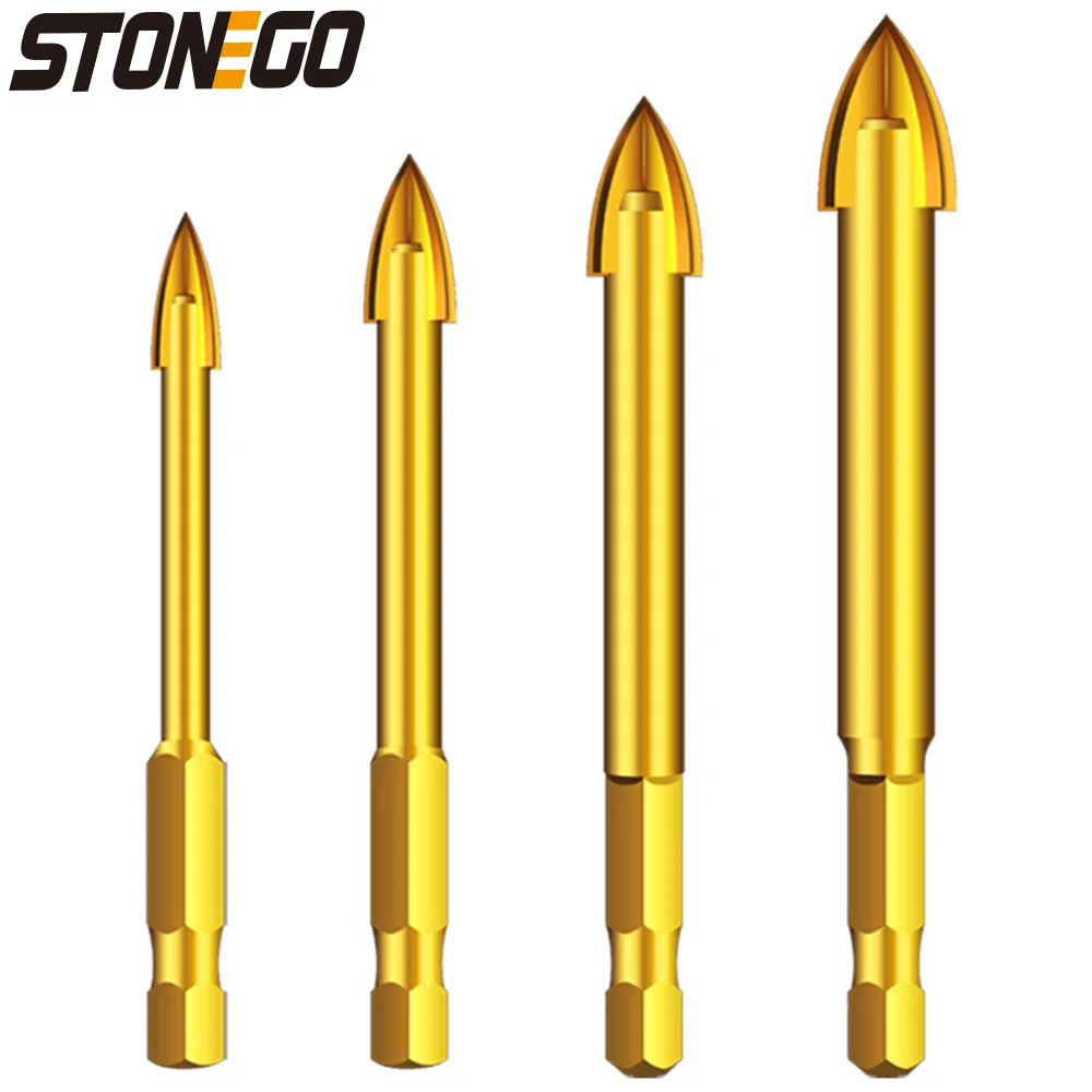 STONEGO Glass Drill Bit Set, Cross Spear Head, 6/8/10/12mm Diameter, for Ceramic Tile, Glass, Marble, with Hex Shank