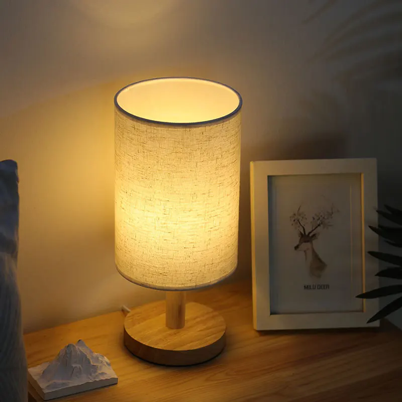 USB Bedside Lamp Night Lights Table Lamp For Bedroom Wooden Desk Lamp Bedside Night Light   with Cylinder Lamp Shade Warm Light