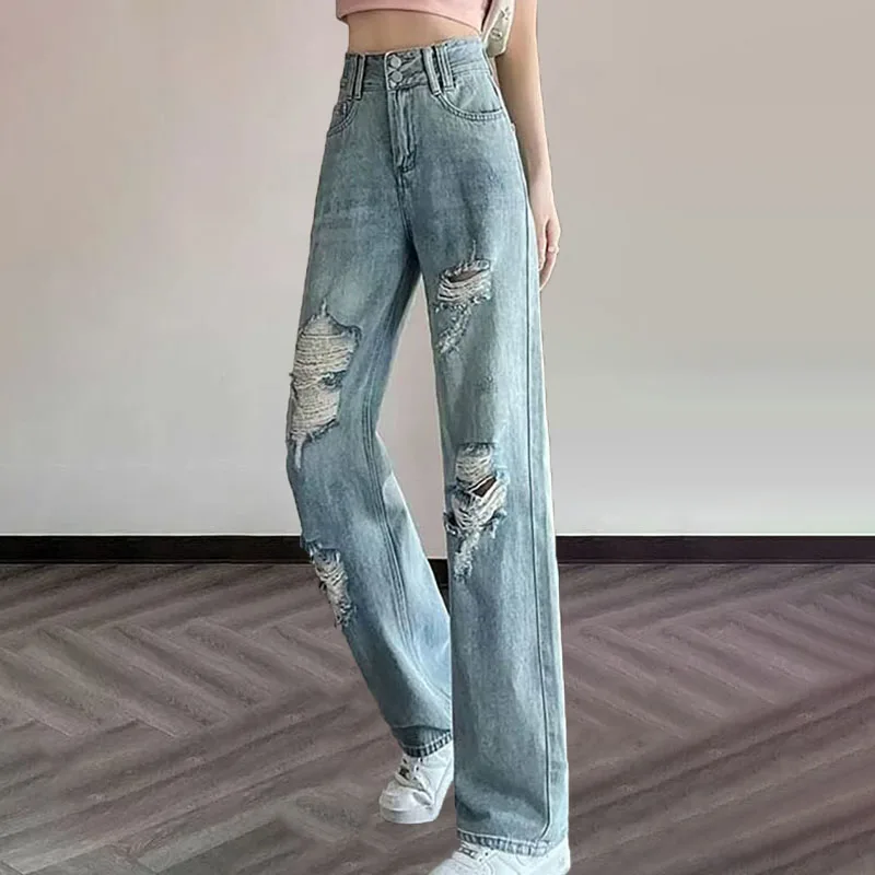 

Summer New Women's Ripped Jeans Japanese And Korean Casual High Waisted Jeans Loose Straight Leg Wide Leg Pants