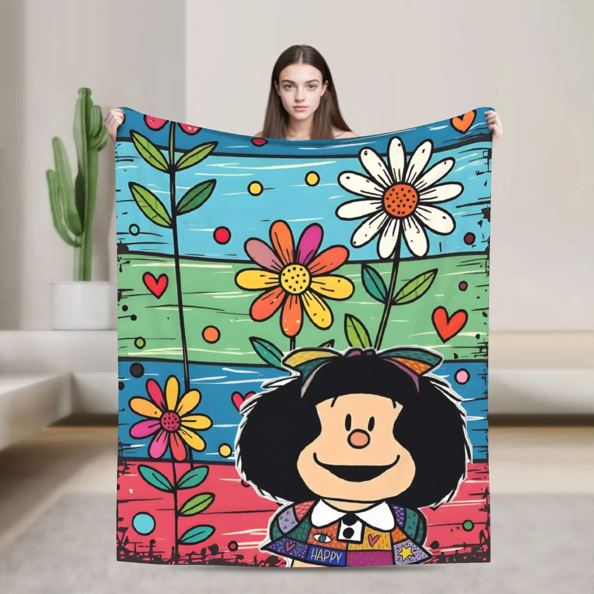 Mafaldas Cartoon Flowers Blanket Velvet Spring/Autumn  Portable Lightweight Thin Throw Blanket for Sofa Travel Bedding Throws