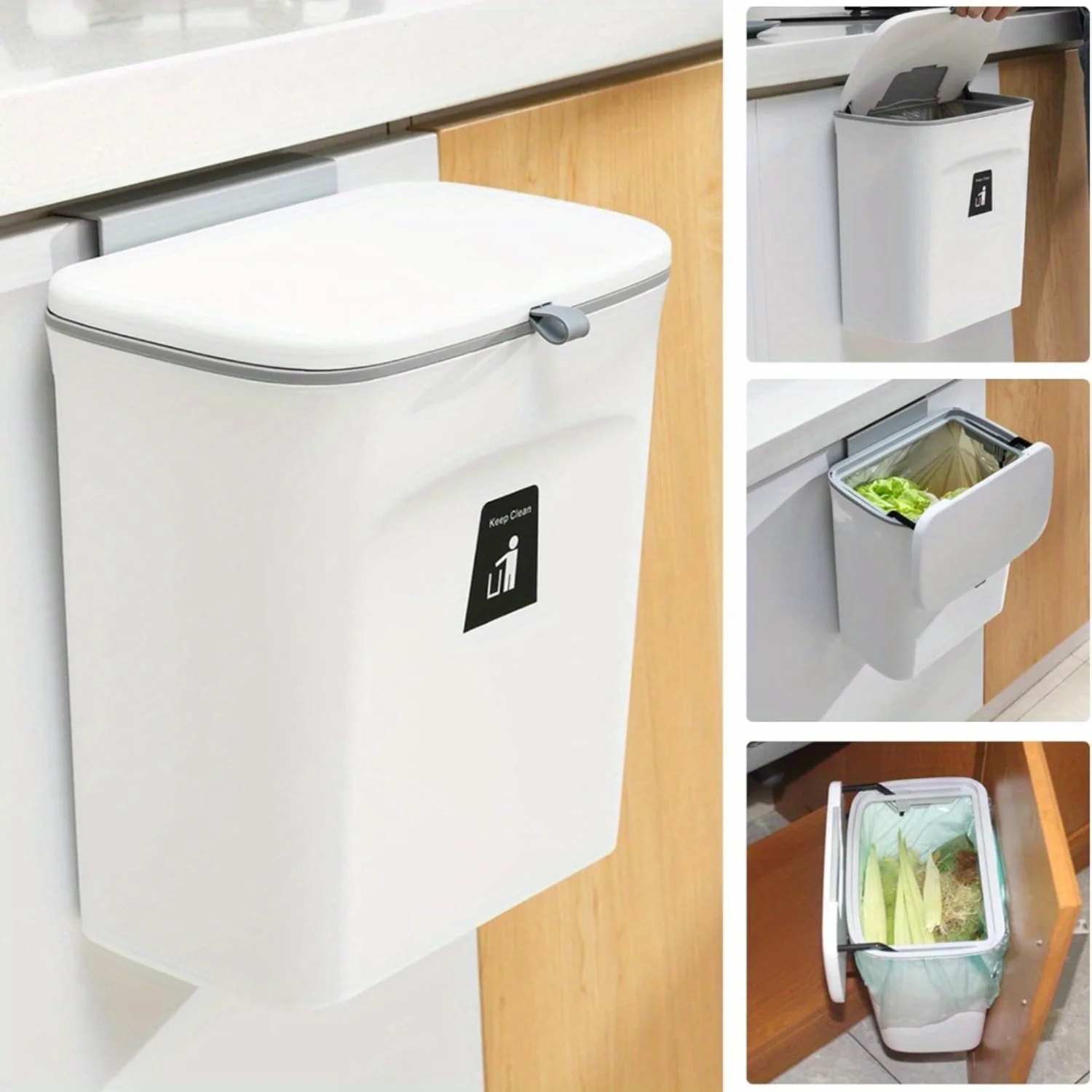 Space-Saving Kitchen Trash Can with Flip-Up Lid - Indoor Compost Bin - Hanging Garbage Container - White Plastic Pail