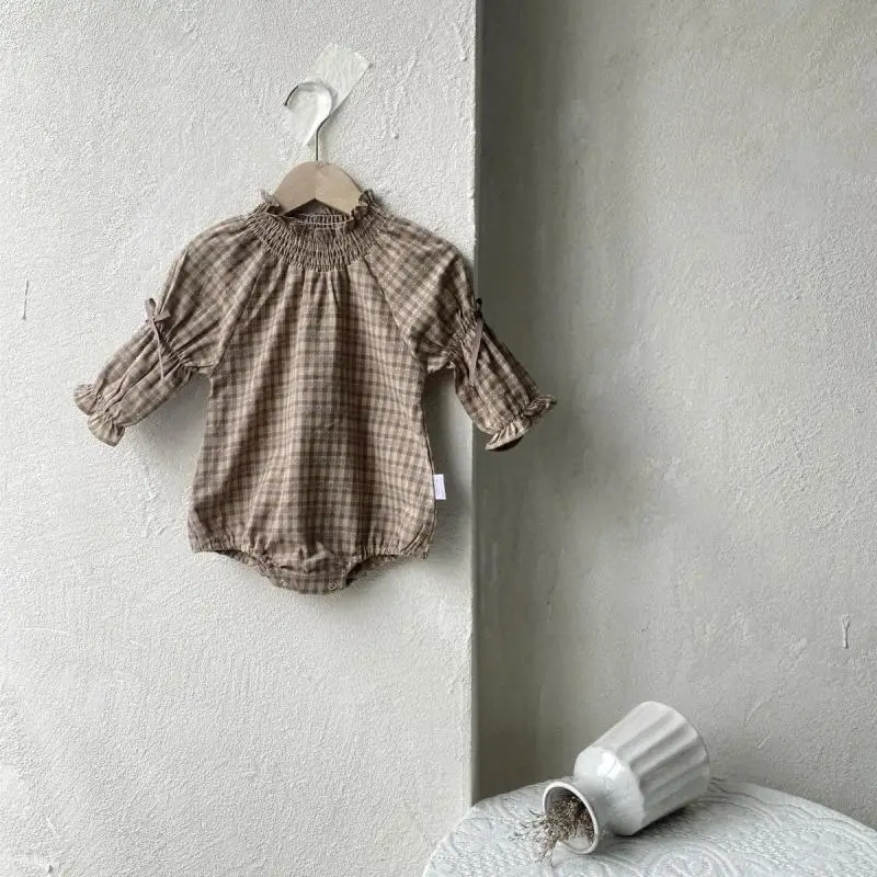 2024 Autumn New Baby Girl Lantern Sleeve Bodysuit Cotton Infant Girls Lace Collar Plaid Jumpsuit Newborn Toddler Clothes 0-24M
