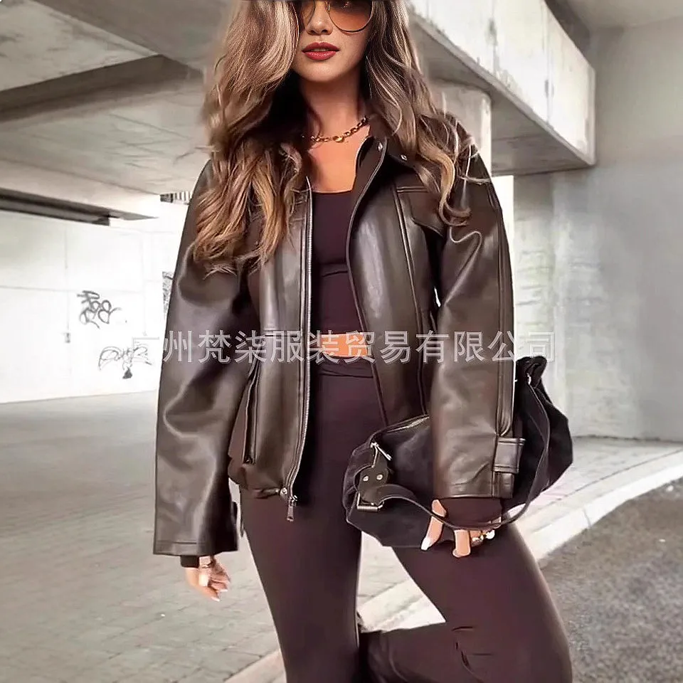 

Moto Leather Jacket Fall Winter Fashion Loose Outerwear Coat Blouse Tops