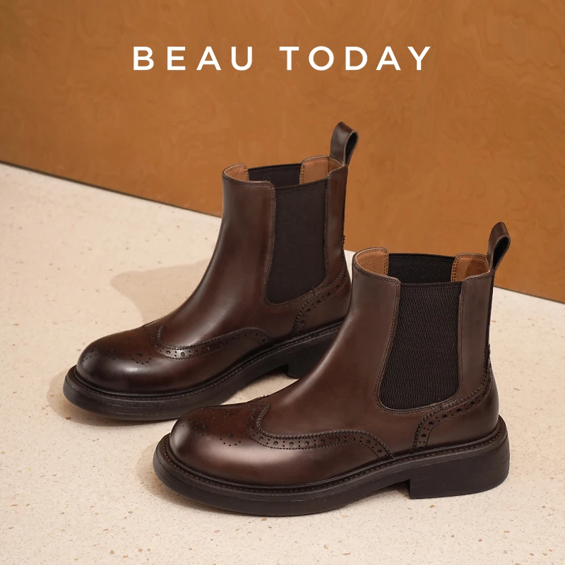 BEAUTODAY Chelsea Boots Women Genuine Cow Leather Solid Color Elastic Band Ankle Boots Slip-on Ladies Shoes Handmade 03D66
