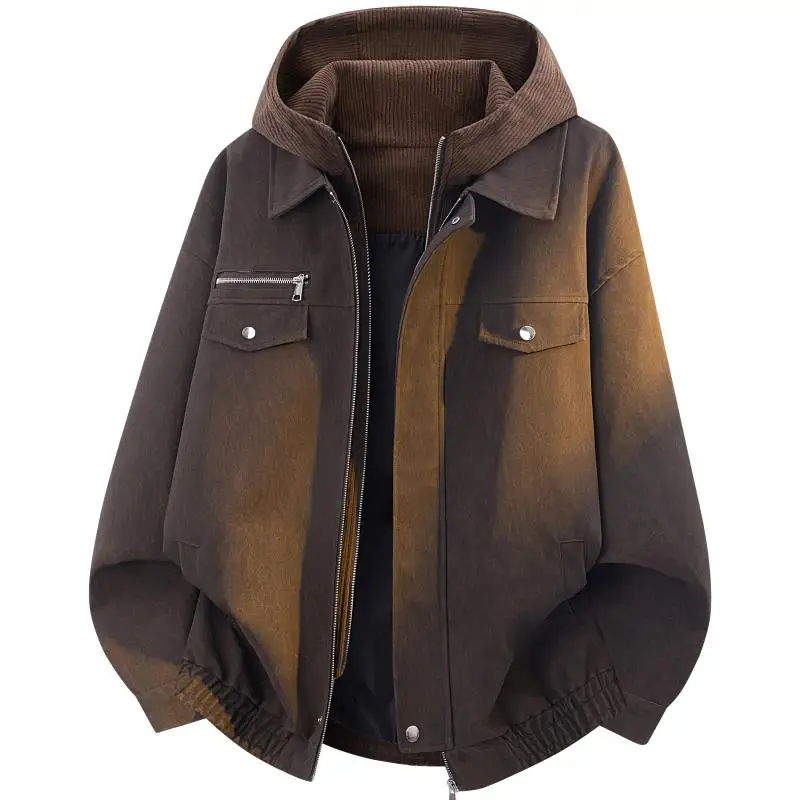 Hooded Leather Jacket Men Fashion Fake Two Piece Pu Outwear Coat Male Loose Streetwear Autumn Winter Leather Jackets Plus Size