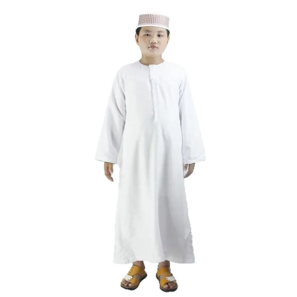 (one cap for free) Round neck Children's White embroidery Jubba Thobe Soft plain Thawb Islamic Clothing Boy Robe