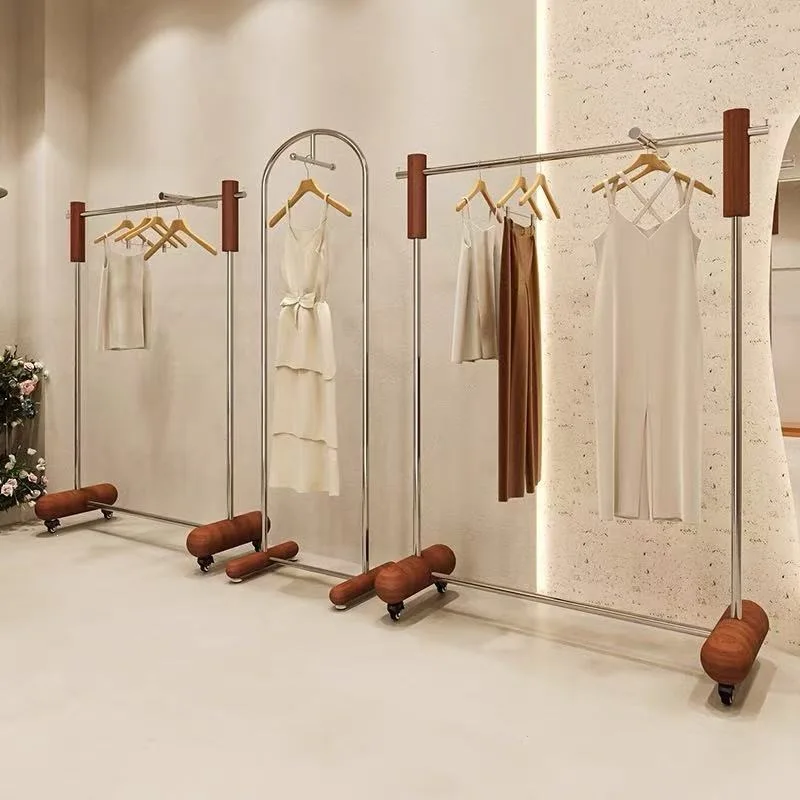Clothing store display rack, floor-standing movable shelf, high-end stainless steel front-hanging clothes rack, women's clothing