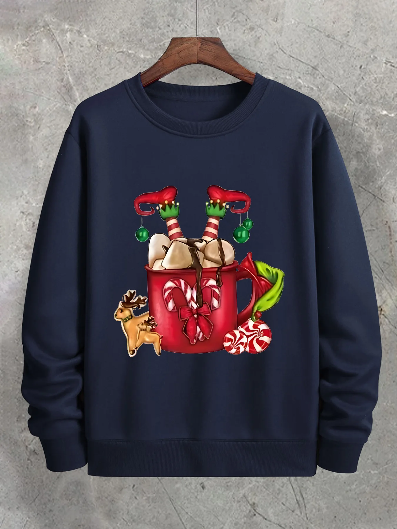 

Men's Christmas Sweatshirt - Olive Green Crewneck Pullover with Hot Beverage Graphic (Coffee Cup, Candy Canes, Presents) - Cozy