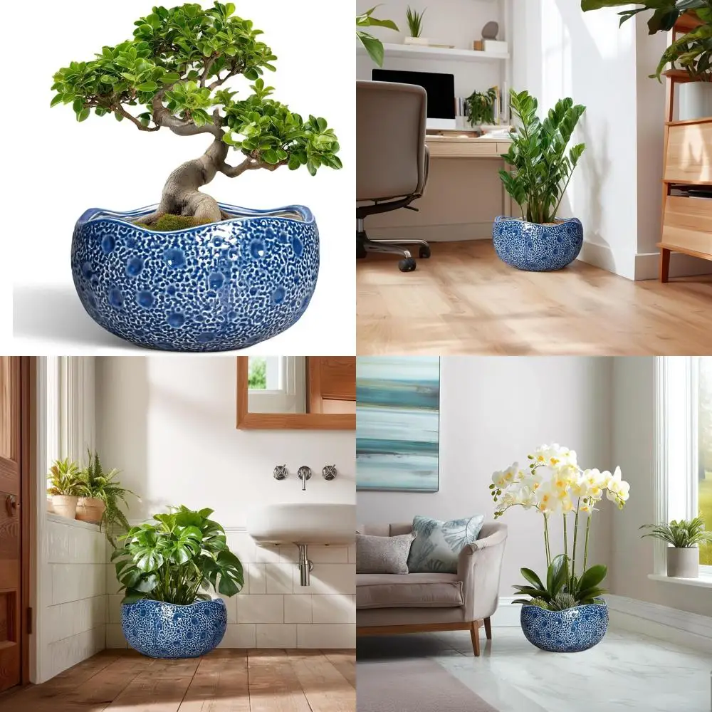 

13-дюймовый круглый декоративный цветочный горшок с дренажным отверстием для комнатных или уличных бонсай, синий