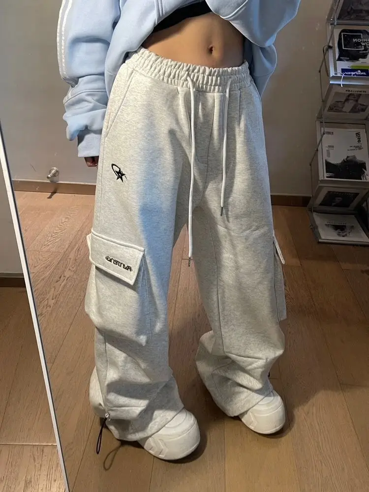 

HOUZHOU Vintage Women Cargo Pants Baggy Gray Sweatpants Black Trousers Jogger Hip Hop Harajuku Oversize Korean Streetwear Casual