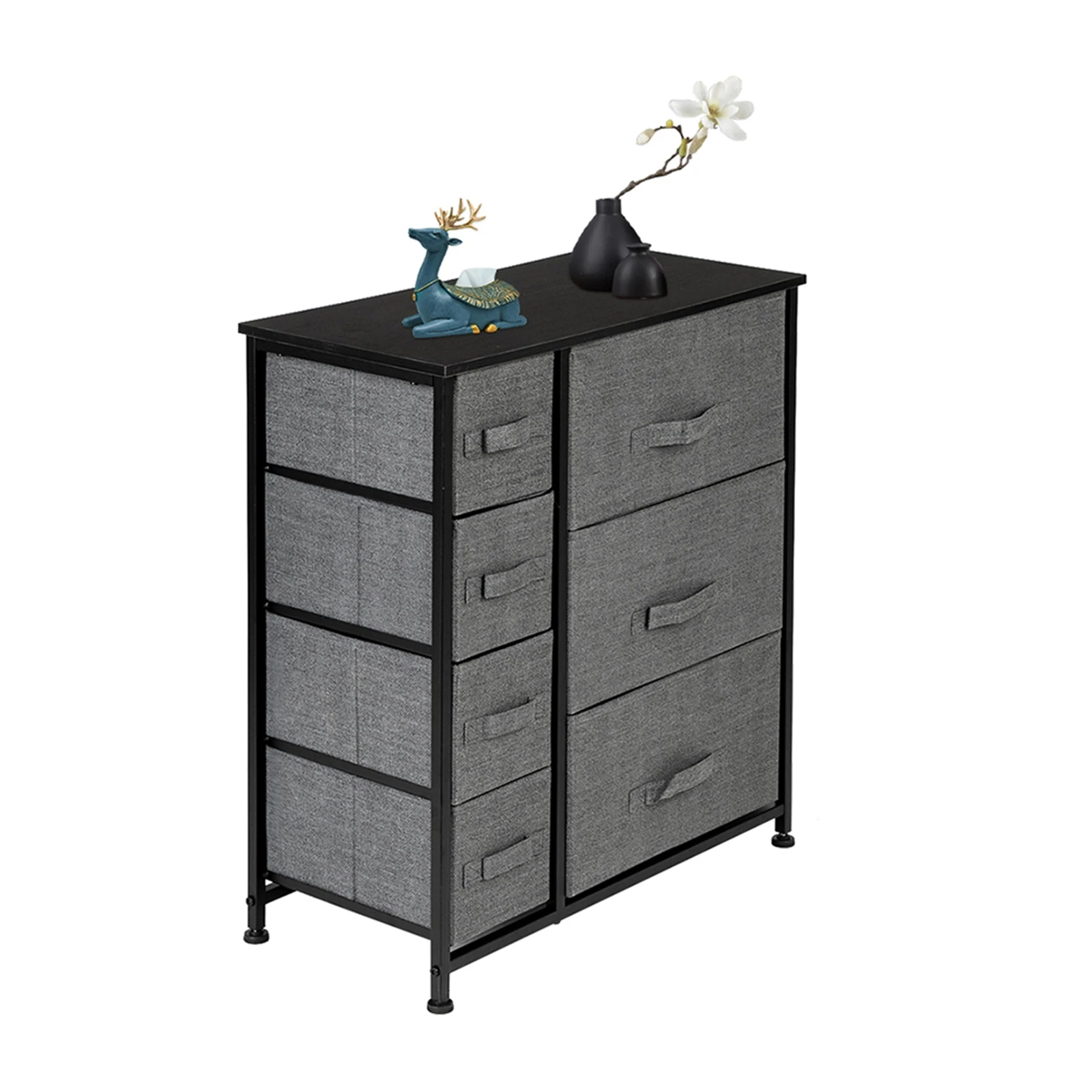 Dresser w/7 Drawers: Steel Frame, Wood Top, Easy Pull Bins. Organizes Bedroom, Hallway, Closet, Office. Grey.