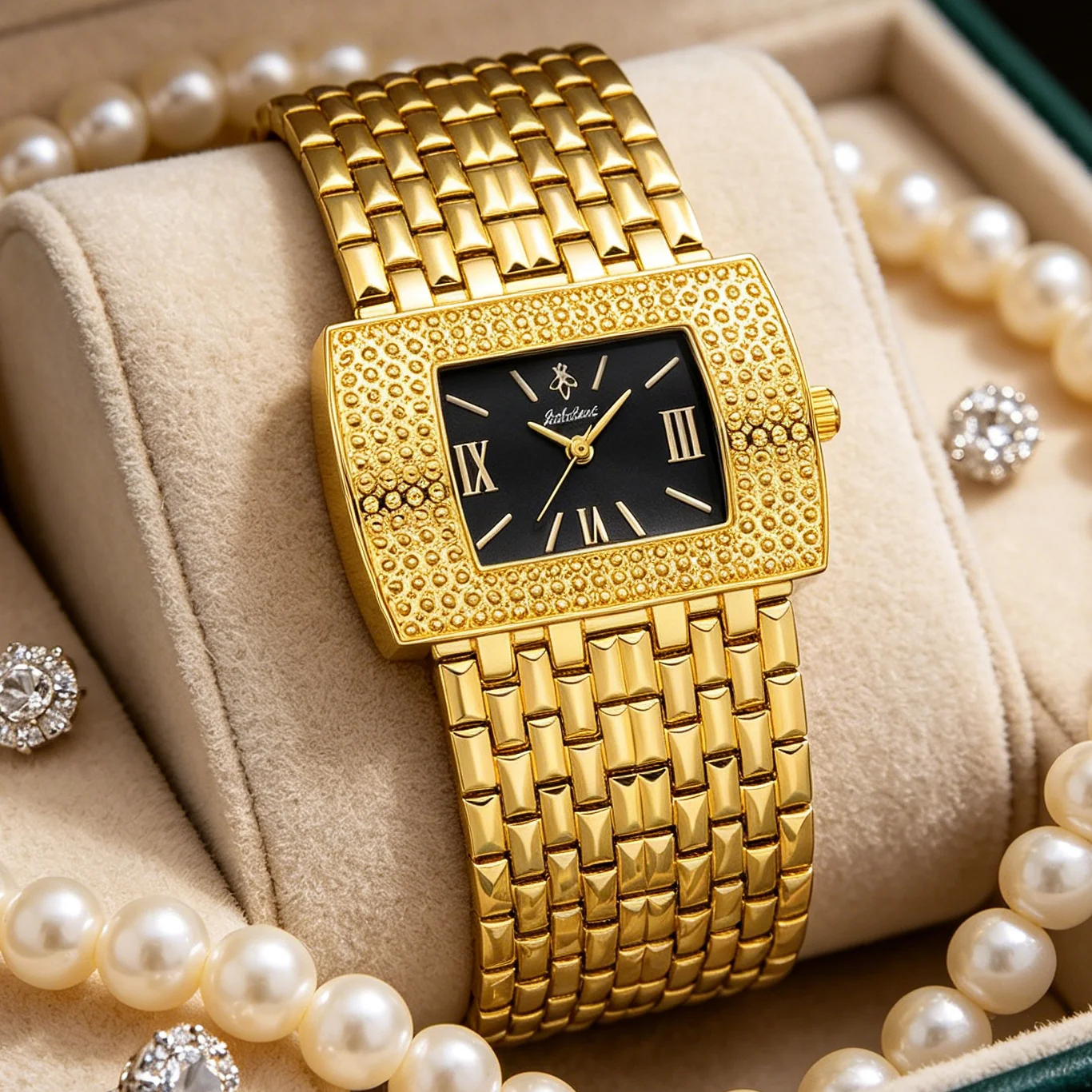 Luxury Watch Gift For Her - YaLaLuSi 여성용 풀 골드 스퀘어 다이아몬드