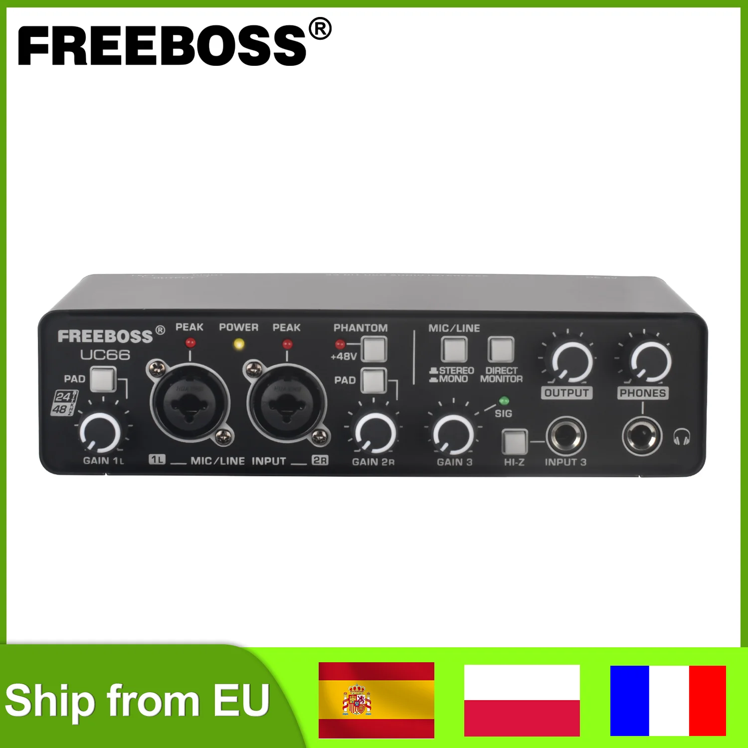 FREEBOSS Guitar Audio interface 24Bit 48KHz 2 Mic Input External Sound Card with DIR Stereo Mono For Computer Recording UC66