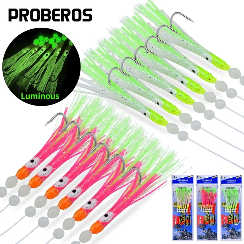 

1 set 6-Hooks Luminous Octopus Mackerel Feathers Sabiki Bait Rigs with String Lures Fishing Squid Marathon Rigs Fishing Lure Set
