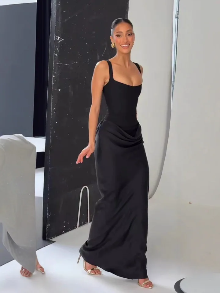 Vestido largo sexy de espalda descubierta con fruncido para mujer, escote en U, sin mangas, ajustado tipo bandage, negro, elegante para fiesta nocturna 6
