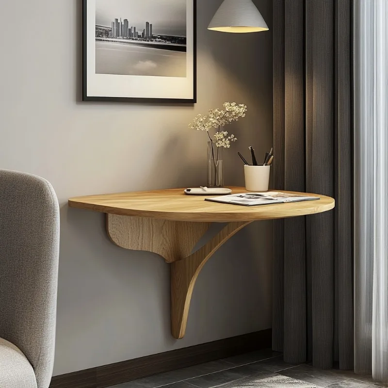 Floating Desk with Single-Leg Design, Wall-Mounted Oak Wood Table for Small Spaces,Minimalist Coffee Table for Compact Interiors