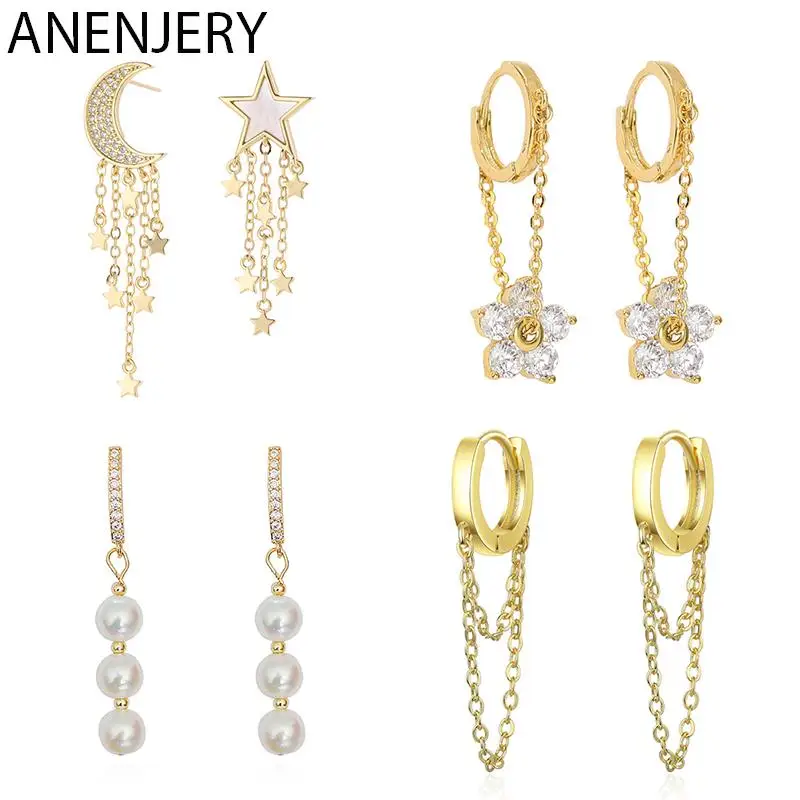 ANENJERY Asymmetrische Mond Sterne Blume Quaste Kette Ohrringe Weibliche Zarte Persönlichkeit Gold Farbe Partei Schmuck Geschenk Großhandel