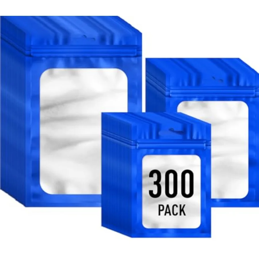 

300 Pcs Blue Mylar Resealable Bags 4x6 In, 3x4.7 In, 4.7x7.9 In, Smell Proof Packaging Bags with Window for Small Business, Sma