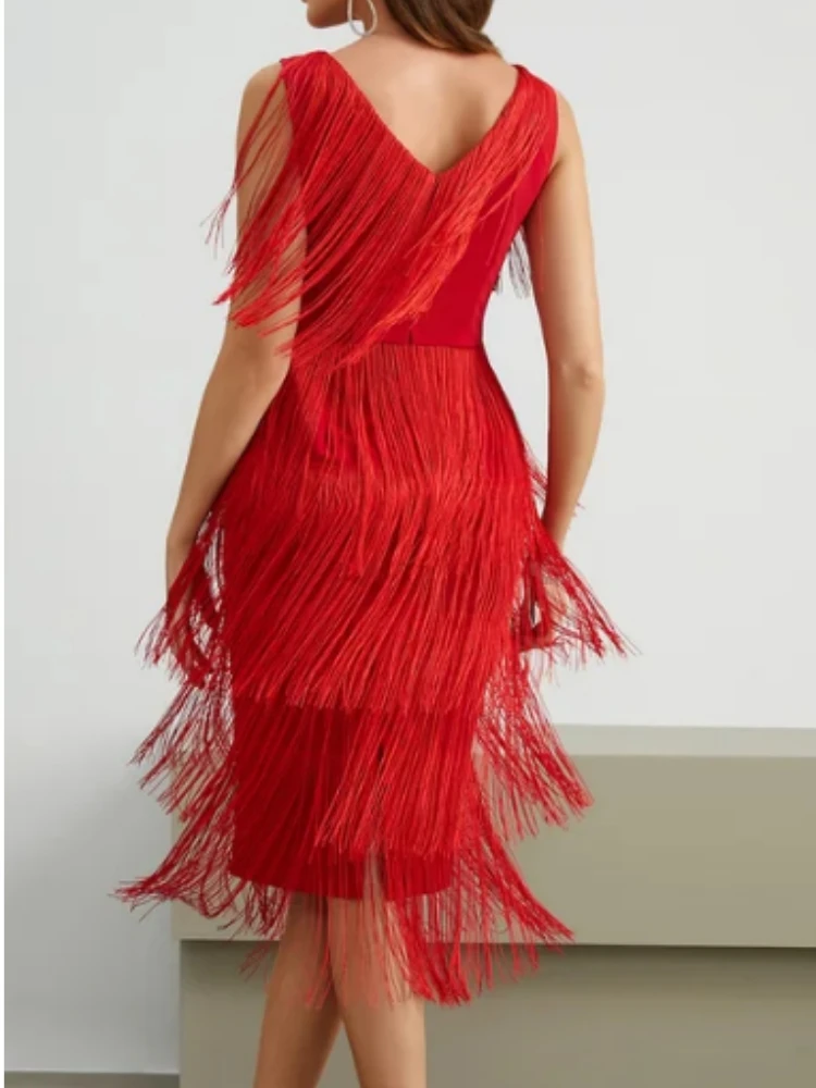 Red Tassel Dresses Party V Neck Sleeveless High Waist Women Fringe Dance Evening Birthday Gowns Sexy Club New Loose Robe