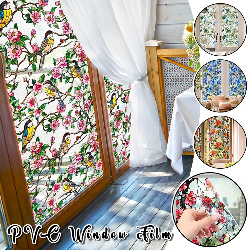 

Static Cling Window Film Privacy Protection Pvc Stained Glass Film Colorful Plants Flowers Print Home Decor Sticker
