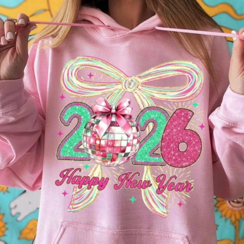 Coquette سعيد بريق الفصل الجديد Brushstroke السنة الجديدة ديسكو الكرة البلوز مرسومة باليد مرحبا 2026 الحرارية هوديي البلوز #3