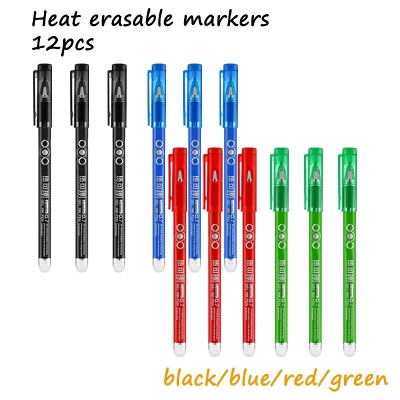 

12 шт., 0,7 мм, стираемая нейтральная ручка, наконечник, моющиеся ручки, плавное письмо, исчезание с теплом, черные, синие, красные, зеленые чернила