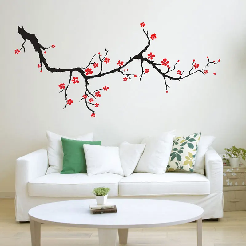 Oriental Plum Flower Branch Vinyl Wall Decal Traditional Chinese Ink Style Floral Wall Sticker Tea Room Wall Decoration 3A70