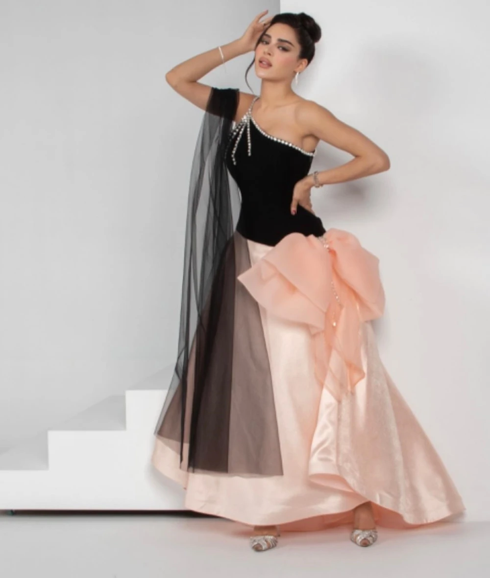 

Satin Sequined Bow Cocktail Party Ball Gown One-shoulder Bespoke Occasion Anke Length Saudi Arabia