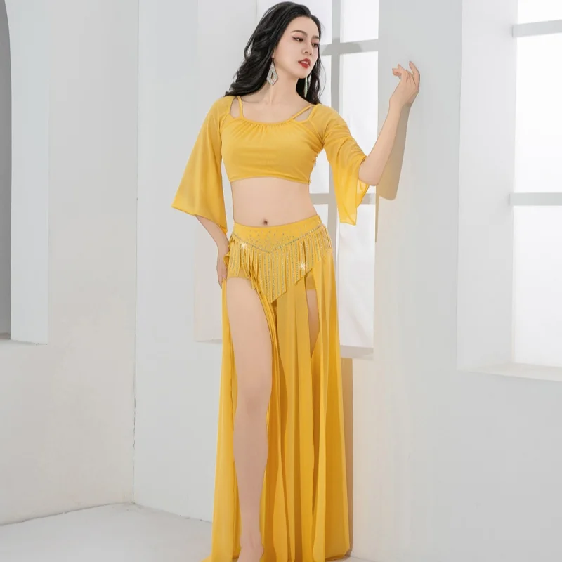 Novo outono roupas de prática de dança do ventre adulto feminino luz luxo diamante borla desempenho conjunto trajes de dança oriental
