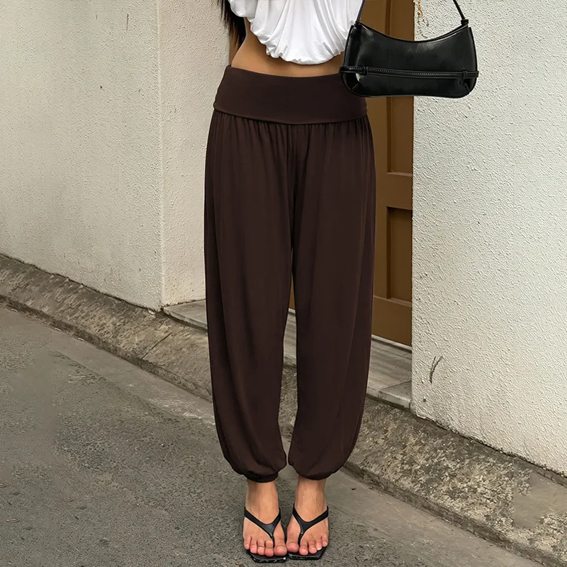 Women High Waist Wide Leg Palazzo Pants Fold Over Waistband Loose Flowy Trousers Summer Casual Streetwear Beach Vacation Lounge