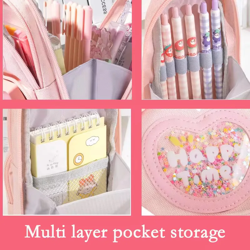 Schoolbag Style Pencil Case for Girls Cartoon Pencil Box Multi Layer Storage and Standing Cute Pouch Kawaii School Supplies