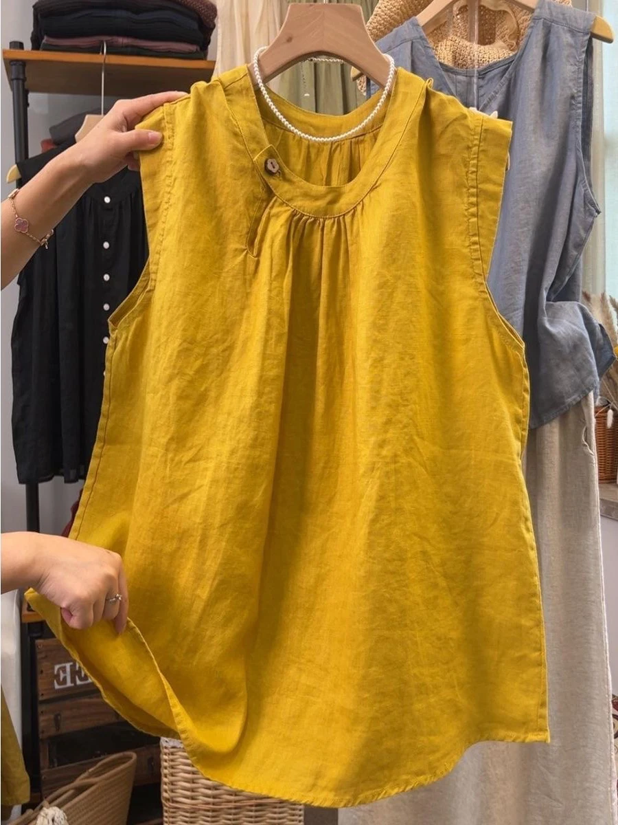 

Summer 2025 New Retro 00% Linen irt Women's round Ne Color Versatile Top Breathable Comfortable Commute Sle Loos...