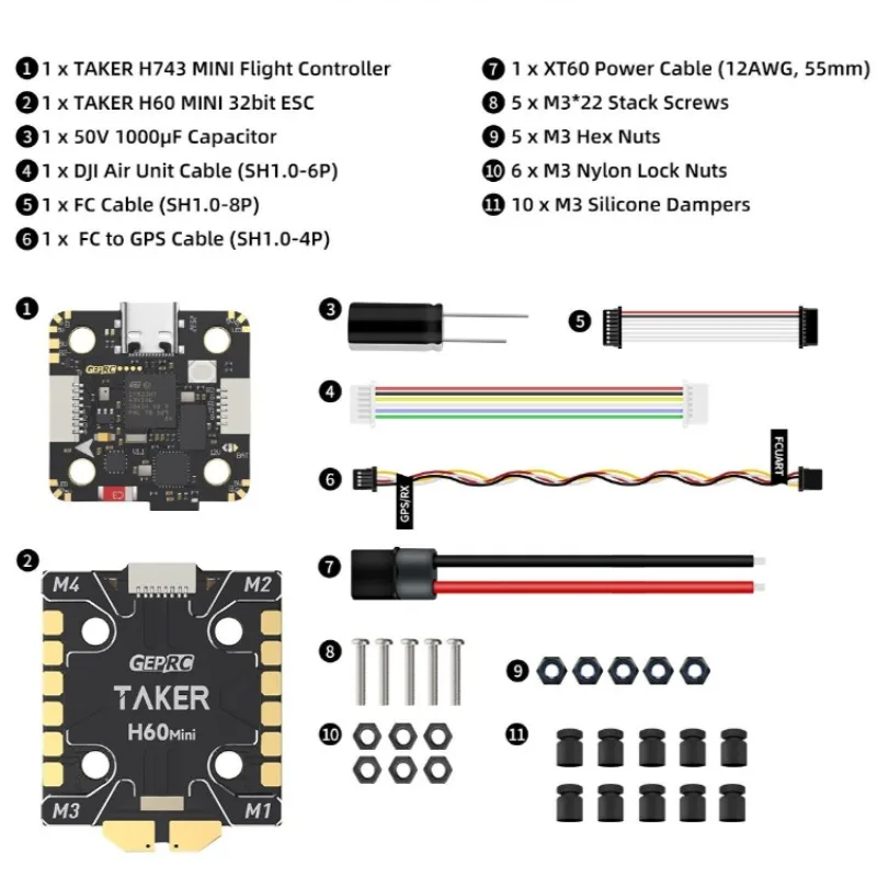GEPRC TAKER H743 MINI 32Bit 60A STACK, Dual BEC 5V3A/12V2.5A, 16M Blackbox Built-in Barometer & Bluetooth