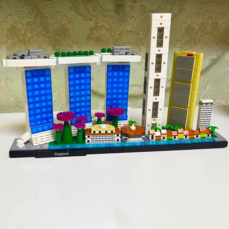 827PCS Raffles Place Marina Bay Sands สถาปัตยกรรม Skyline Landmark Building Blocks สิงคโปร์ก่อสร้างอิฐของเล่นเด็กของขวัญ
