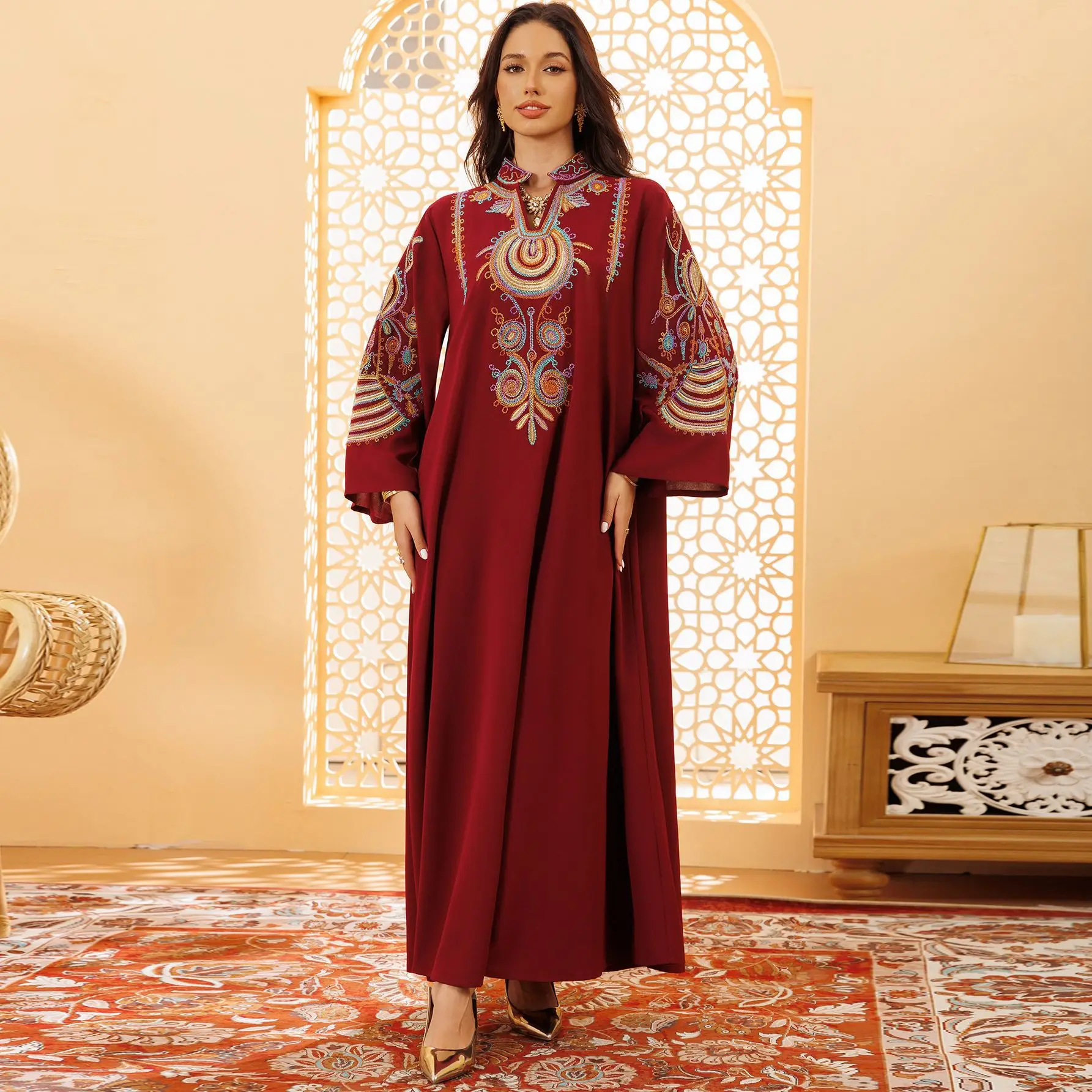 UNI Fashion Embroidery Abaya Colorful Flower Maxi Long Dress Muslim Women Stand V-Neck Robe Ramadan Islamic Jalabiya Loose Gown