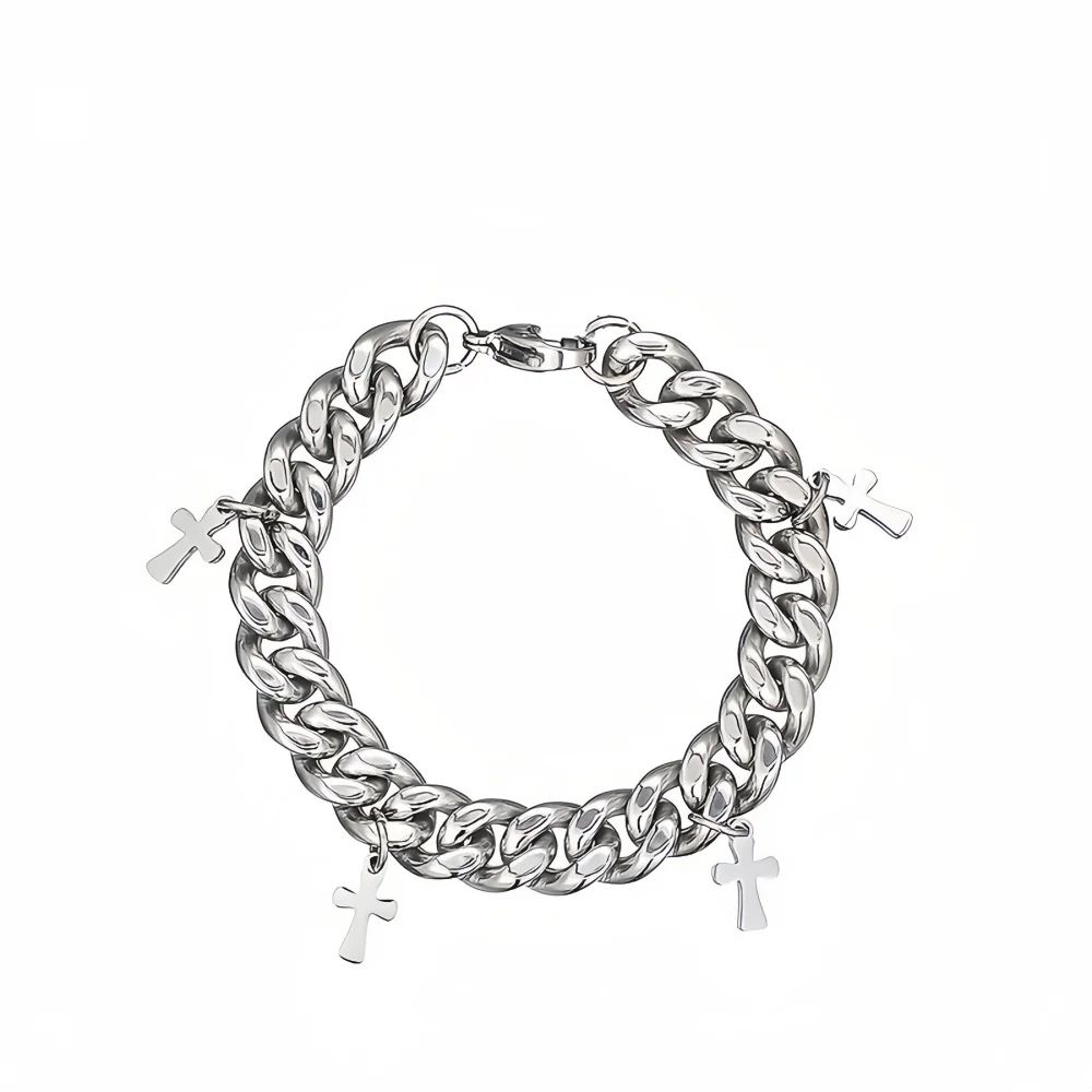 Hip-Hop Raw Cuban Chain Herrenarmband Silberfarben Edelstahl Kreuz-Quasten-Armband Modisches Trendiges Schmuckzubehör – Detail 5