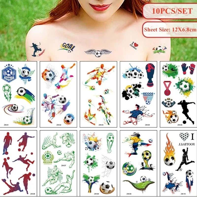 10pcs/set Children Fake Tattoo Football Soccer Sports Game Waterproof Tattoo Sticker for Kids Little Girls Decor Hand Chest Arm