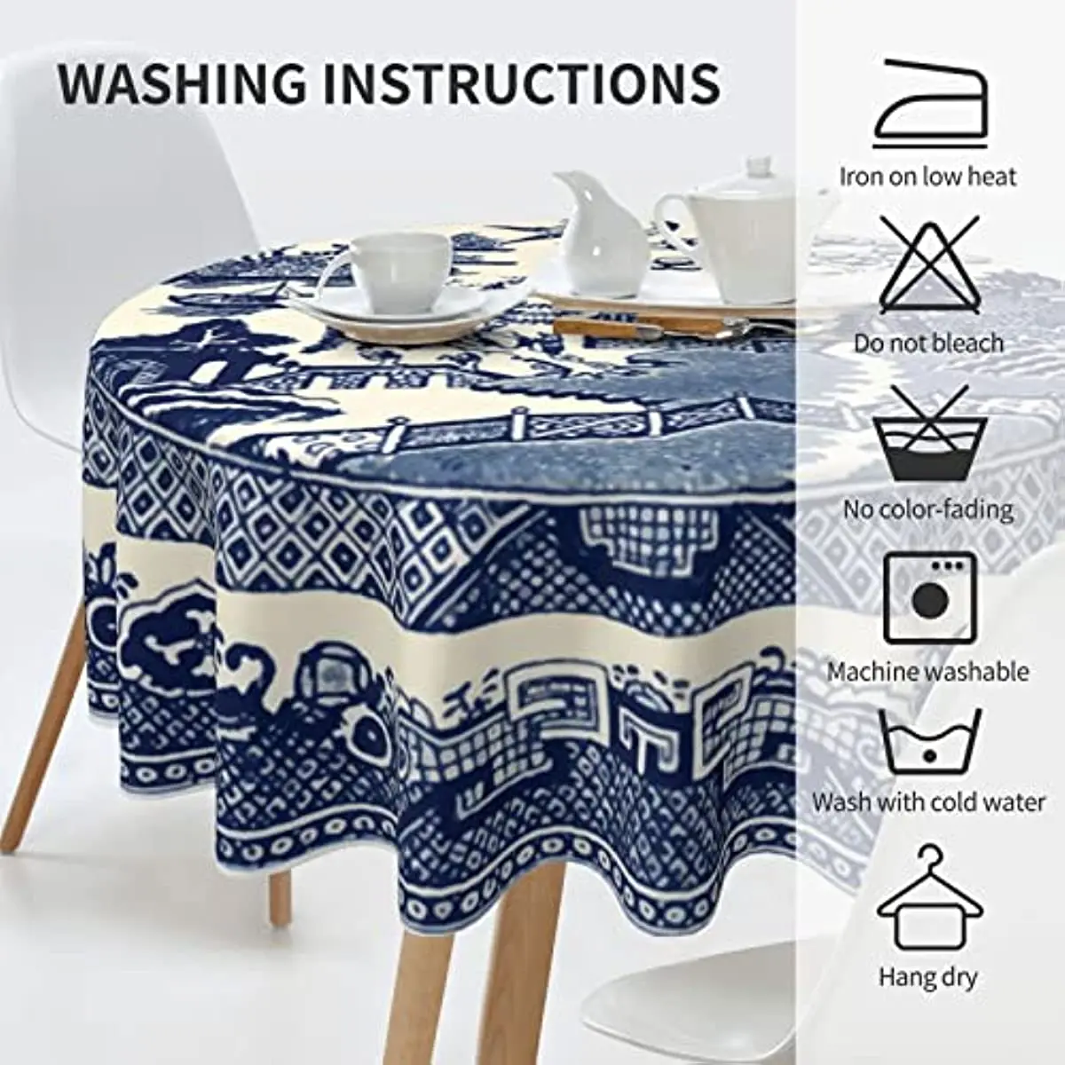Chinese Blue Willow Soft Microfiber Round Table Cloth,Stain Wrinkle Resistant Washable Polyester 60 Inch Tablecloth for Dining