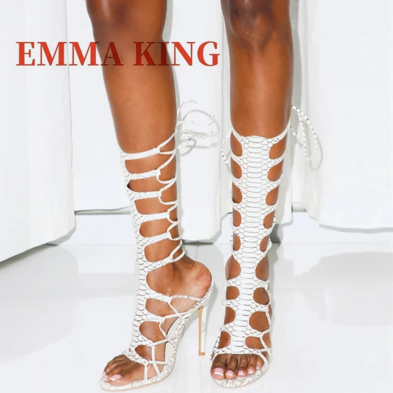 Women\'s White Snake Print Sandals, Lace-Up Knee-High Stiletto Heels Gladiator Sandal with Open Toe, Ladies Sexy Stylish Footwear