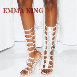 Women's White Snake Print Sandals, Lace-Up Knee-High Stiletto Heels Gladiator Sandal with Open Toe, Ladies Sexy Stylish Footwear