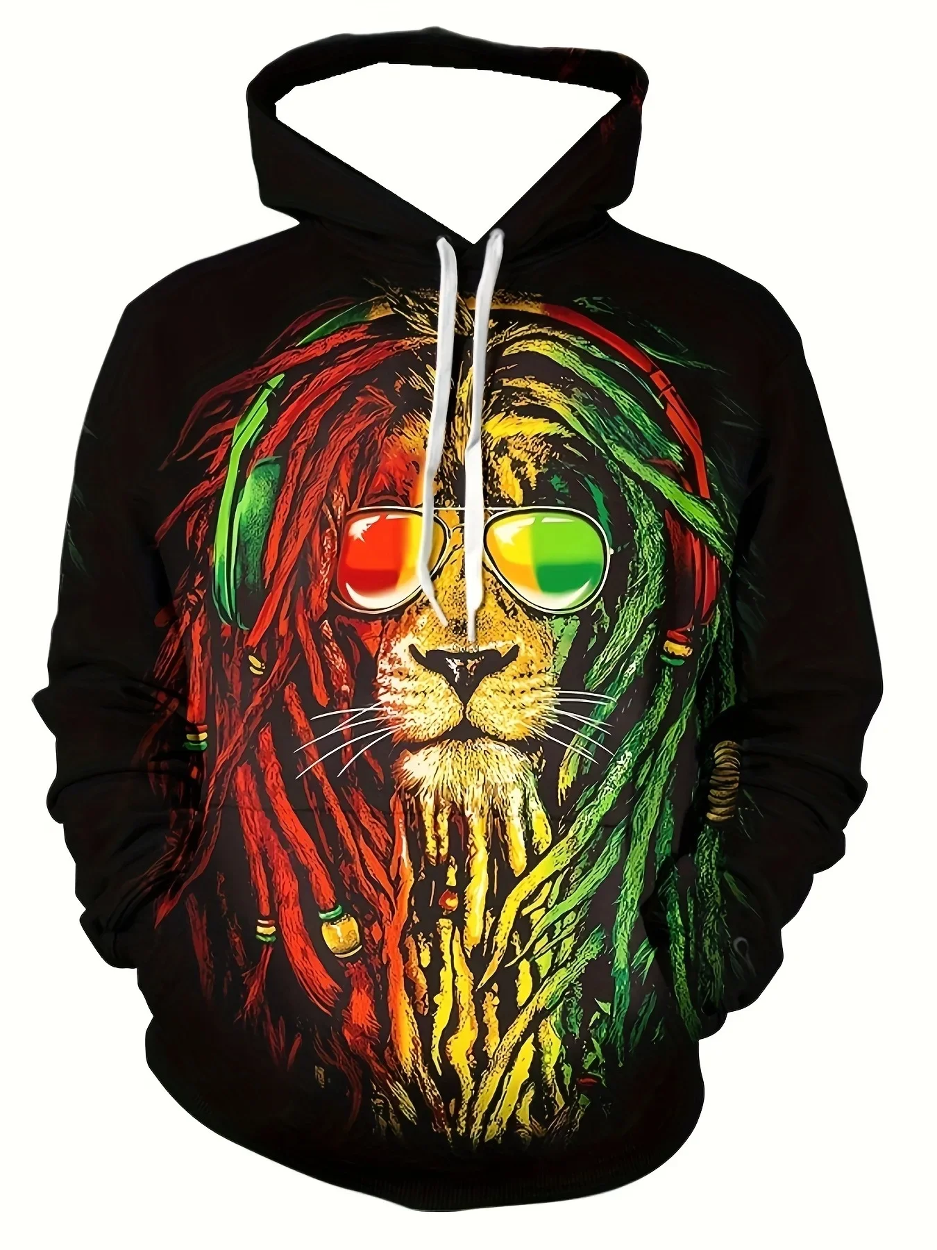 Rasta Dreadlock Lion Sunglasses Headphones 3D Print Men Hoodie Reggae Black Background Unisex Loose Hooded Sweatshirt