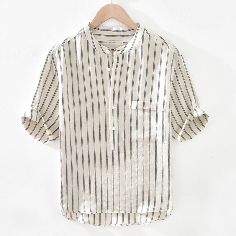 

Loose Fit Linen Shirt Men's Short Sleeve Thin Stripe Pattern Stand Collar Summer Lightweight Half Sleeve Top for Couples