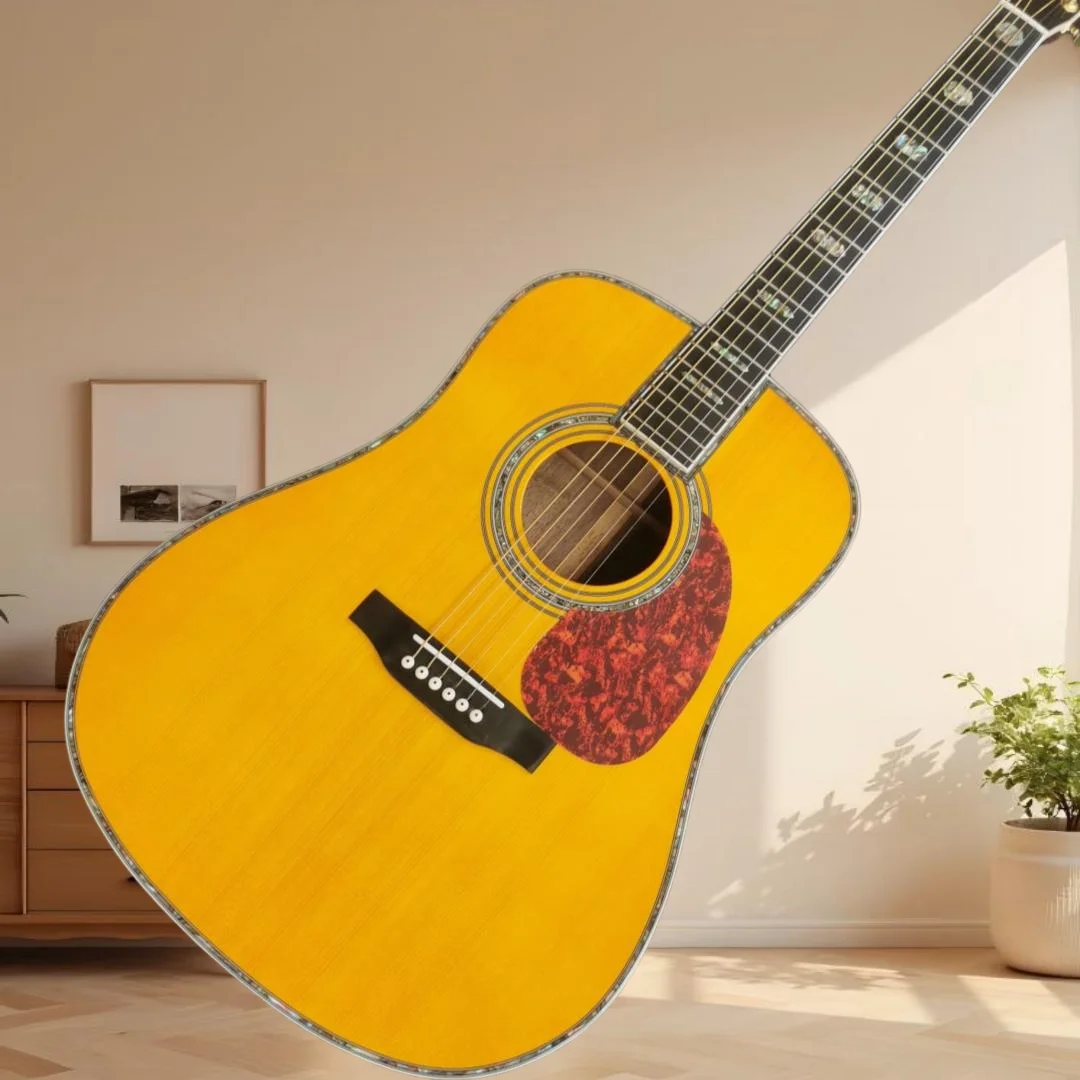 

Акустическая гитара желтого цвета серии D-45, цельный верх из красного дерева, корпус из красного дерева, гриф из черного дерева, классическое изысканное исполнение, бесплатная доставка