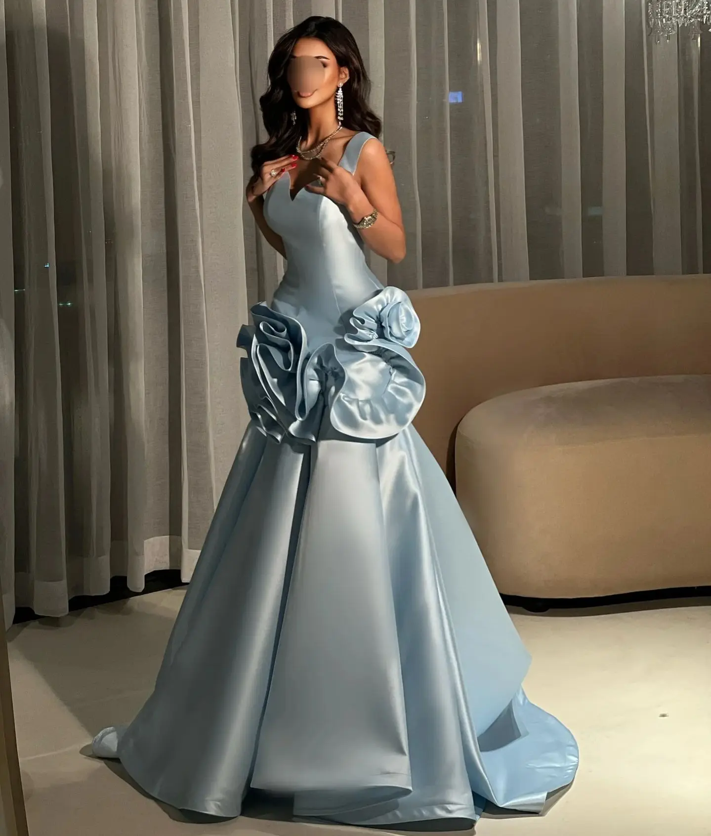 

Blue Flower Strapless Evening Dresses V-Neck Prom Dresses Floor-Length Saudi Arabia Wedding Party Grace Women 2026 customized
