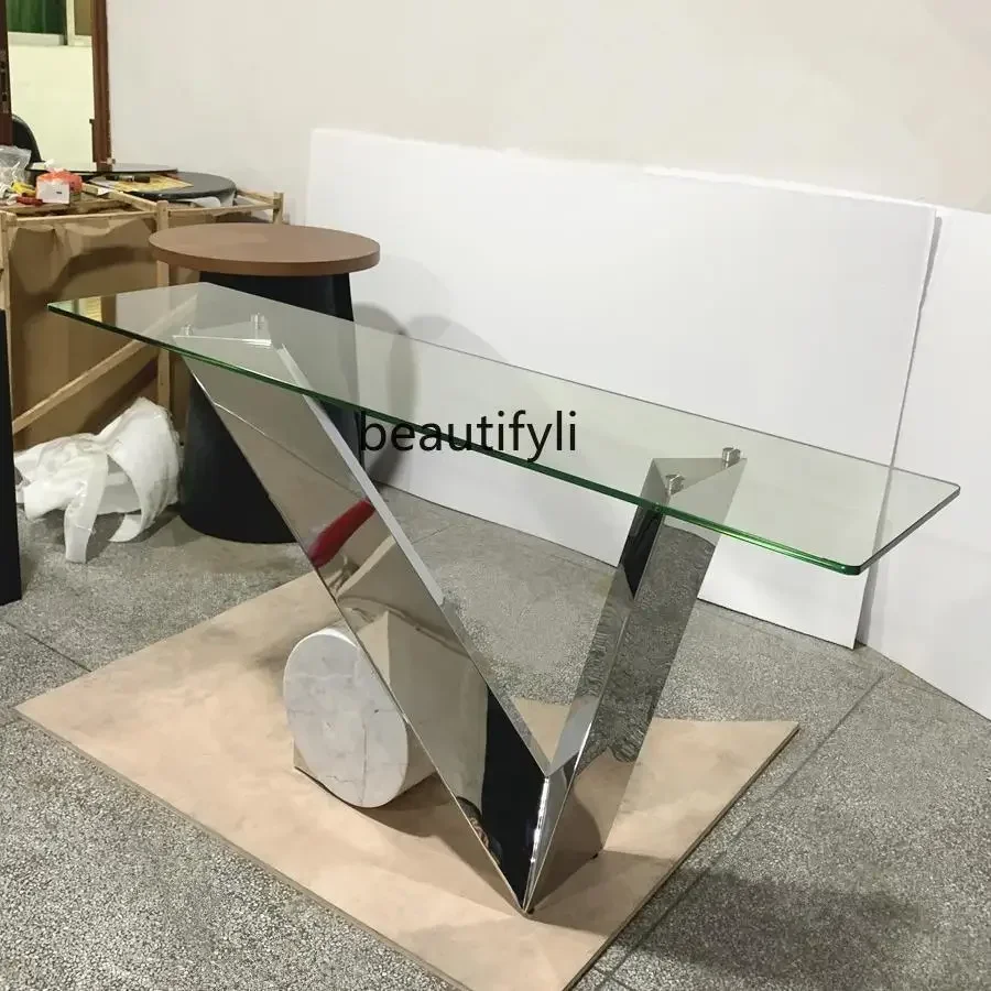 

P Design Sense Wall Glass Entrance Table Stainless Steel Silver Bar Marble End View Table Entrance Cabinet5236